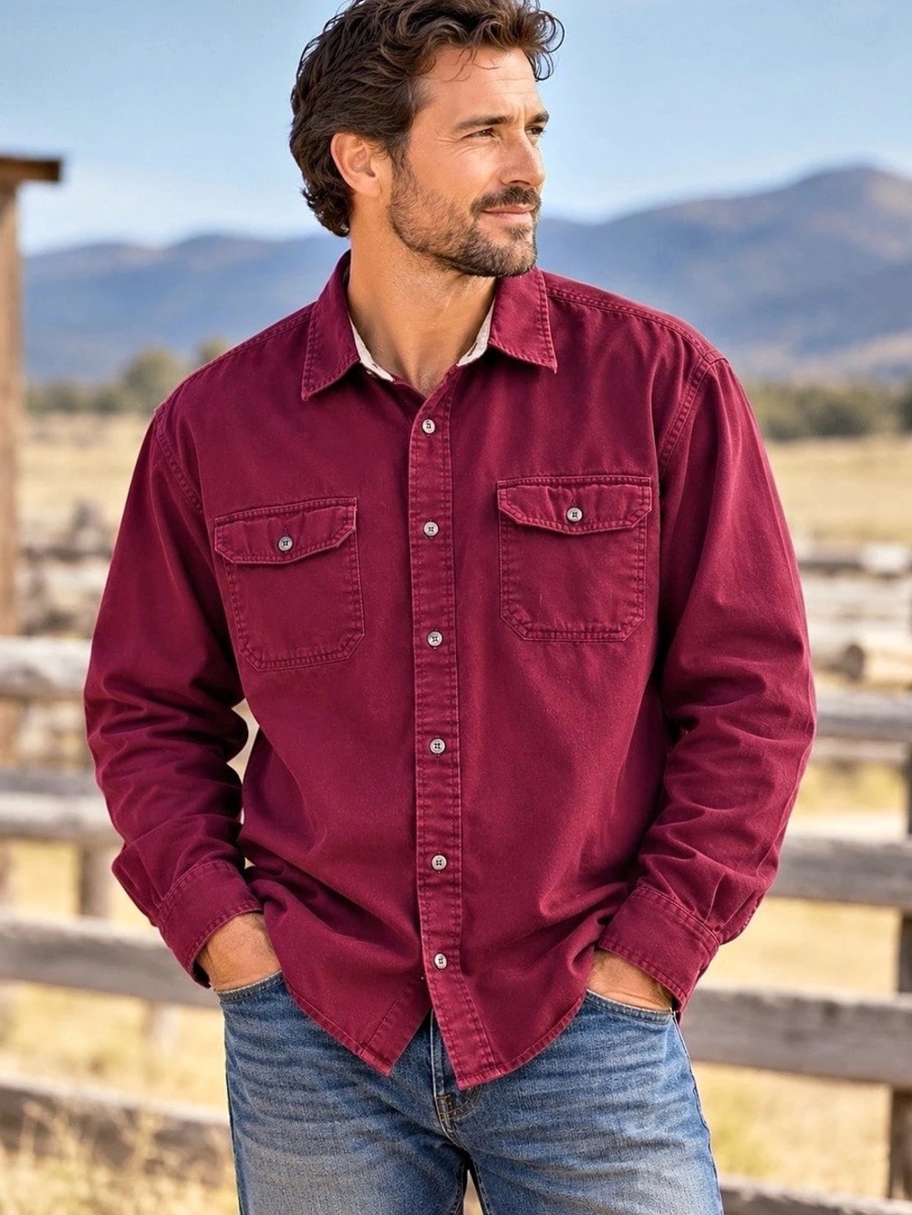 Wrangler Men’s 2XL Burgundy 100% Cotton Western Workwear Button Up Shirt Utility